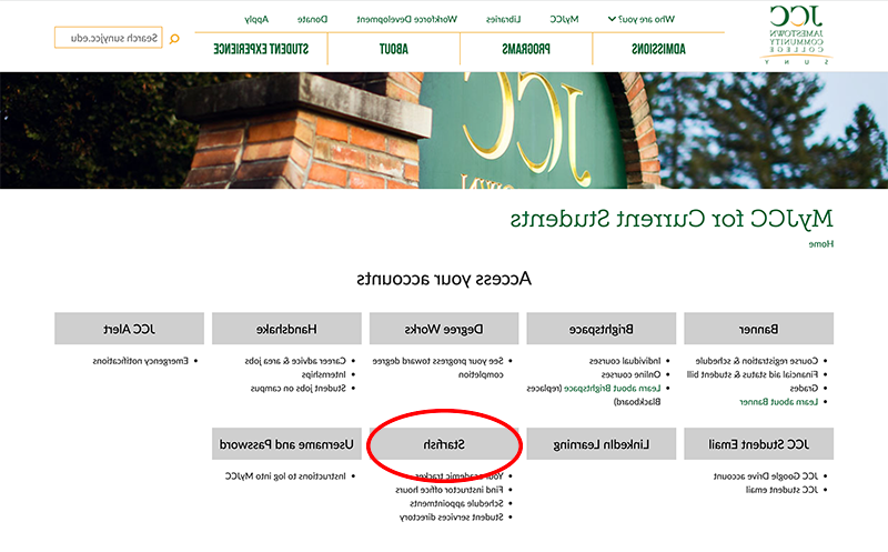 screenshot of MyJCC web page with Starfish button circled in red