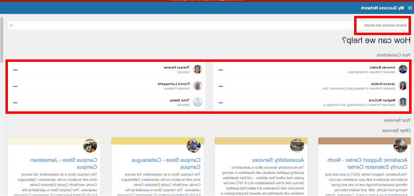 screenshot of Starfish My Success Network page with Search Services and People bar and Your Connections names circled in red