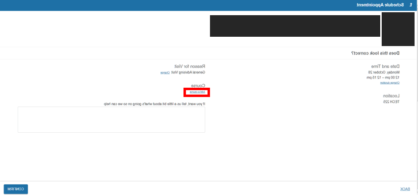 screenshot of Starfish Schedule Appointment page with Add A Course linked text circled in red, page includes Date and Time, Location, Reason for Visit, Course, Text Area box, and Confirm button